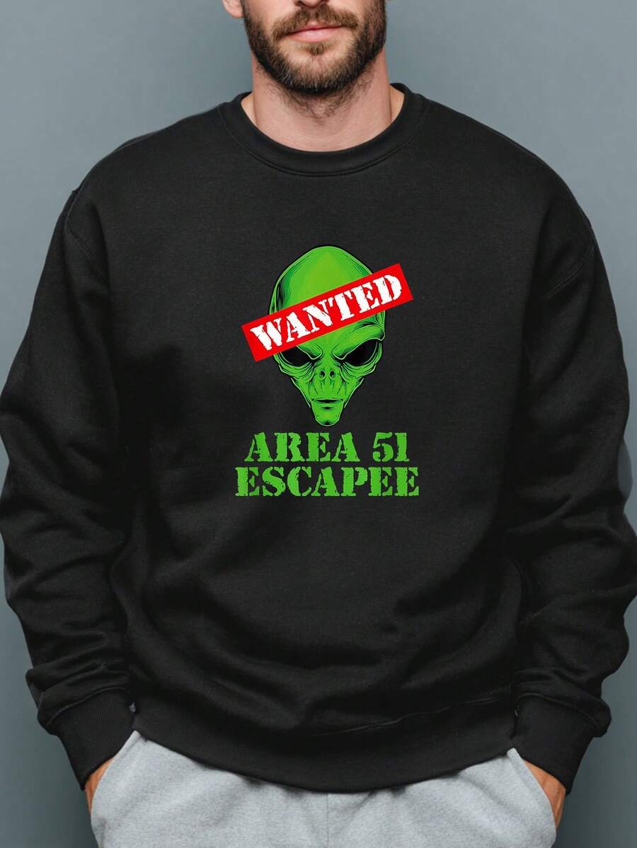 Sudadera de Cuello Redondo para Hombre con Estampado del Póster "Buscado" Temático Alienígena - con Diseño Verde de Escape en Área 51, Gráfico OVNI y Extraterrestre, Ropa Casual e casual para Fans de Ciencia Ficción, Gimnasio o Uso Diario.Prendas Divertidas sobre Cultura Pop Masculina, Ajuste Relajado, Lavable a Mano, Ideales para Temporada de Otoño/Invierno, Regalo Perfecto para Entusiastas de los OVNIs, ¡Pieza Atrevida que Destaca el Rostro Aliñenino!S - Oscuro - Ver 1