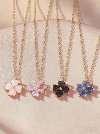 1pc Gold-Tone Four-Leaf Clover Necklace, Gemstone-Like Texture, Multi-Color Options, Layering Accessory For Daily & Date Wear
