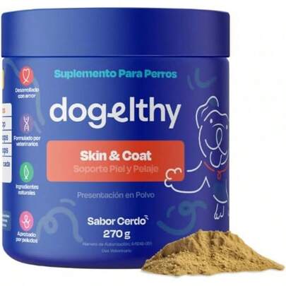 Piel y pelaje Dogelthy. Suplemento para Piel y Pelaje para Perro Hecho a Base de Aceite de Pescado, Vitamina C/E, Complejo B, Zinc y más. Complemento para Croquetas o Dieta Barf Sabor a Pescado 270g