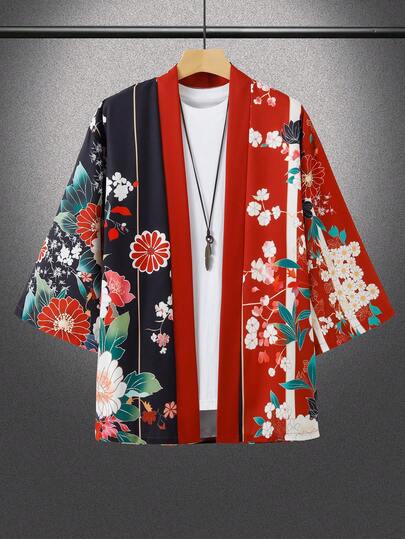 男士彩色印花宽松和服开衫，七分袖，轻薄涤纶面料，休闲风格，可机洗，夏季时尚，前开襟和服