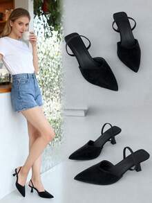 Nuevas sandalias de verano de moda minimalista y de alta gama con punta afilada para mujeres, tacón de aguja negro sin respaldo con diseño de correa, suela de goma antideslizante, zapatos cómodos y casuales para uso diario, zapatos elegantes y sexys adecuados para ocasiones especiales, fiestas y estilo callejero, tacones altos adelgazantes con diseño en forma de V, disponibles en blanco, negro, burdeos y caqui - Negro - Ver 3