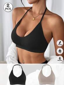 LianShengFa 2pcs Seamless Ribbed Racerback V-Neck High Stretch Sports Bra, With Removable Pads, Soft Comfortable Breathable Yoga Bra - Multicolor - View 3