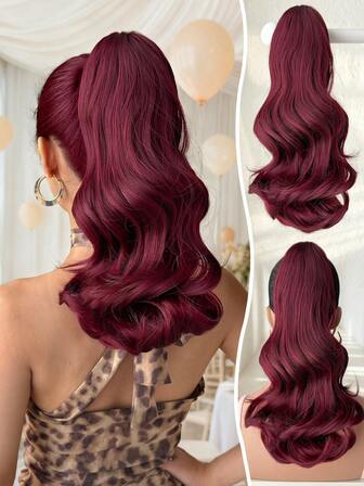 Kloformad hästsvansförlängning hårtillbehör, vinröd 14 tum långvågig värmebeständig fiber syntetisk hästsvansperuk, lämplig för kvinnors jul-, halloween-fester och daglig användning