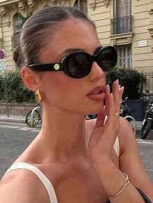 1pc Retro Oval Women's Fashion Glasses, Cat Eye Design, High-End Fashion Eyewear - Bright Black Frame Gray Film - View 2