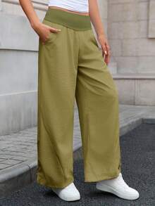 Womens Athletic Wide Leg Track Pants High Waist Drawstring Cuffs Loose Fit Workout Jogger Outdoor Lounge Pants With Pockets - xanh quân đội - Xem 4