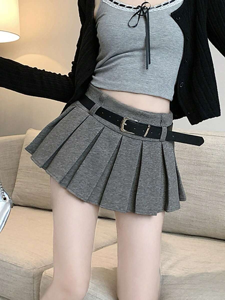 高腰褶皱A字迷你裙，显瘦防走光，适合秋冬季穿着 - 深灰色 - 查看 1