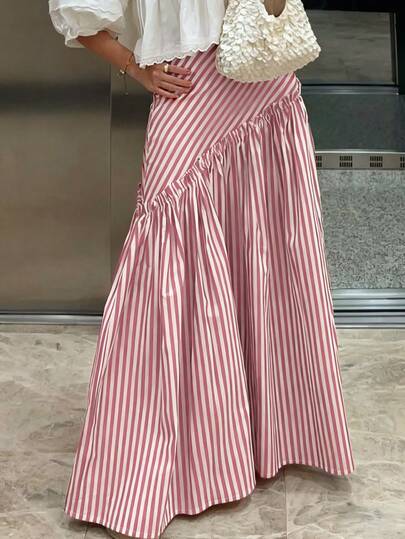 Fashionable Loose A-Line Striped Patchwork Slimming Pleated Skirt, Versatile