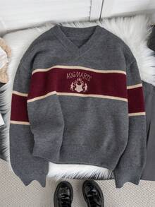 女士V领撞色宽松毛衣，休闲舒适长袖针织外套，适合居家、日常、上学、户外活动、聚会等场合，秋冬季长袖上衣 - 灰色 - 查看 5