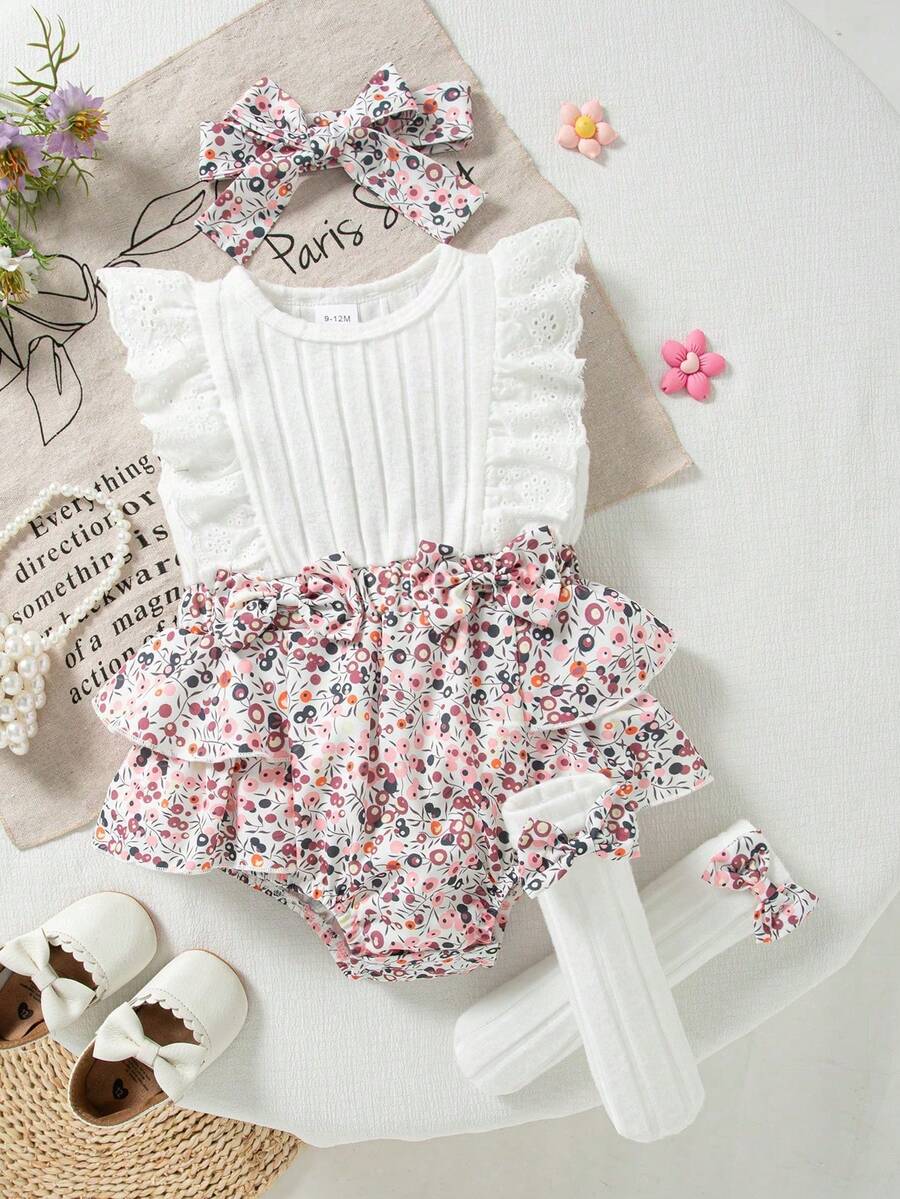 Conjunto de body floral rosa lindo con mangas con volantes, calcetines con lazo y diadema para bebé niña en verano - Blanco - Ver 1