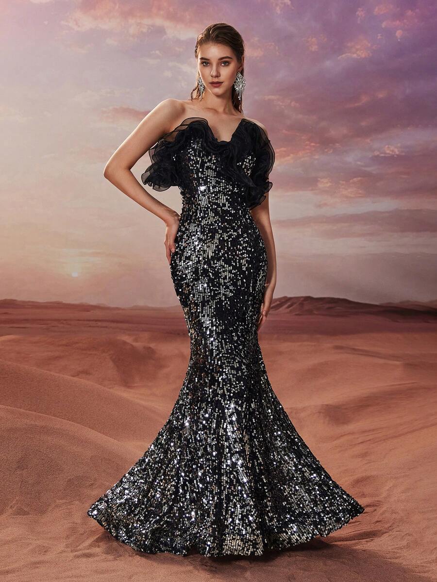 YISIKADO Vestido de gala brillante sin tirantes para mujer, vestido de sirena elegante con volantes de gasa con lentejuelas, adecuado para invitados de boda, baile de graduación, fiesta, ceremonia de graduación, vestido de noche formal para adultos - Plateado - Ver 1