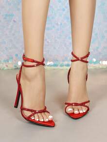 女士红色细带高跟鞋，时尚性感细高跟，适合时装秀、夜店、派对等场合 - 紅色 - 查看 4