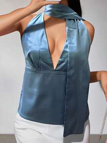 Women's Halter Neck Vest Summer Sleeveless Open Back Solid Color Satin Tank Tops - 天藍色 - 查看 4
