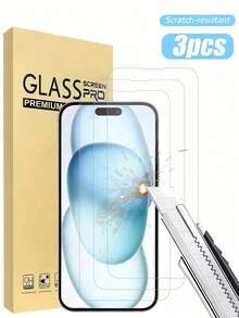 3片装全屏钢化玻璃屏幕保护膜，触控灵敏，防裂、防指纹、防气泡、防刮花，兼容 17、15、15 Pro、15 Plus、15 Pro Max、16 Pro Max、16、16 Plus、16 Pro、14 Pro Max、14、14 Plus、14 Pro、13 Pro Max、13、13 Pro、12、11、XR、XS、XS Max、6/7/8 Plus等机型。钢化玻璃材质，防护力强，经久耐用，适用于各种手机壳。