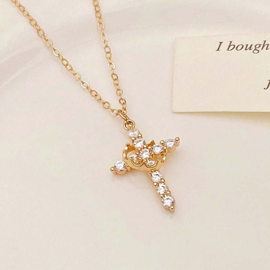 Cross-Border Foreign Trade Hot-Selling Rotating Crown Cross Earrings For Women  Same Style Micro-Inlaid  Earrings Necklace - 十字架項鍊 - 查看 1