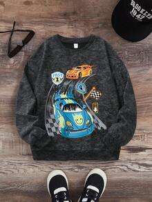 青少年男孩赛车比赛印花雪花图案圆领长袖毛衣套头衫秋冬款 - 黑色 - 查看 1