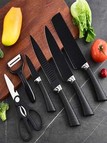 Juegos de cuchillos, oferta del et de 6 piezas profesional de cuchillos para cortar carne de acero al carbono y un juego de tijeras para pelar verduras, - Negro - Ver 6