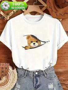 Una camiseta de algodón de cuello redondo para mujer, con estampado de osito con cremallera, divertida y linda, ropa casual y de moda para mujer - Blanco - Ver 6