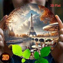1 Peça Placa de Metal Redonda de 8 Polegadas com Impressão 2D Plana, Vista do Rio de Paris com Torre Eiffel - Decoração de Arte de Parede, Adequada para Decoração Interna e Externa, Casa, Café, Apartamento, Restaurante, Rua, Sala de Estar, Presente de Feriado, Posição Aleatória do Furo