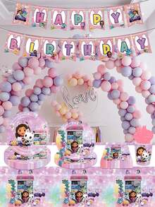 Temática de Gabby's Dollhouse - Vajilla desechable y artículos decorativos para fiestas, platos de papel de 7 pulgadas/9 pulgadas, vasos de papel, pañuelos, manteles, pancartas, adecuados para decoración de fiestas de cumpleaños y lugares de comida, decoración de fiestas y lugares de comida, amigos y familiares que aman la decoración de fiestas y reuniones de Gabby - Multicolor - Ver 18