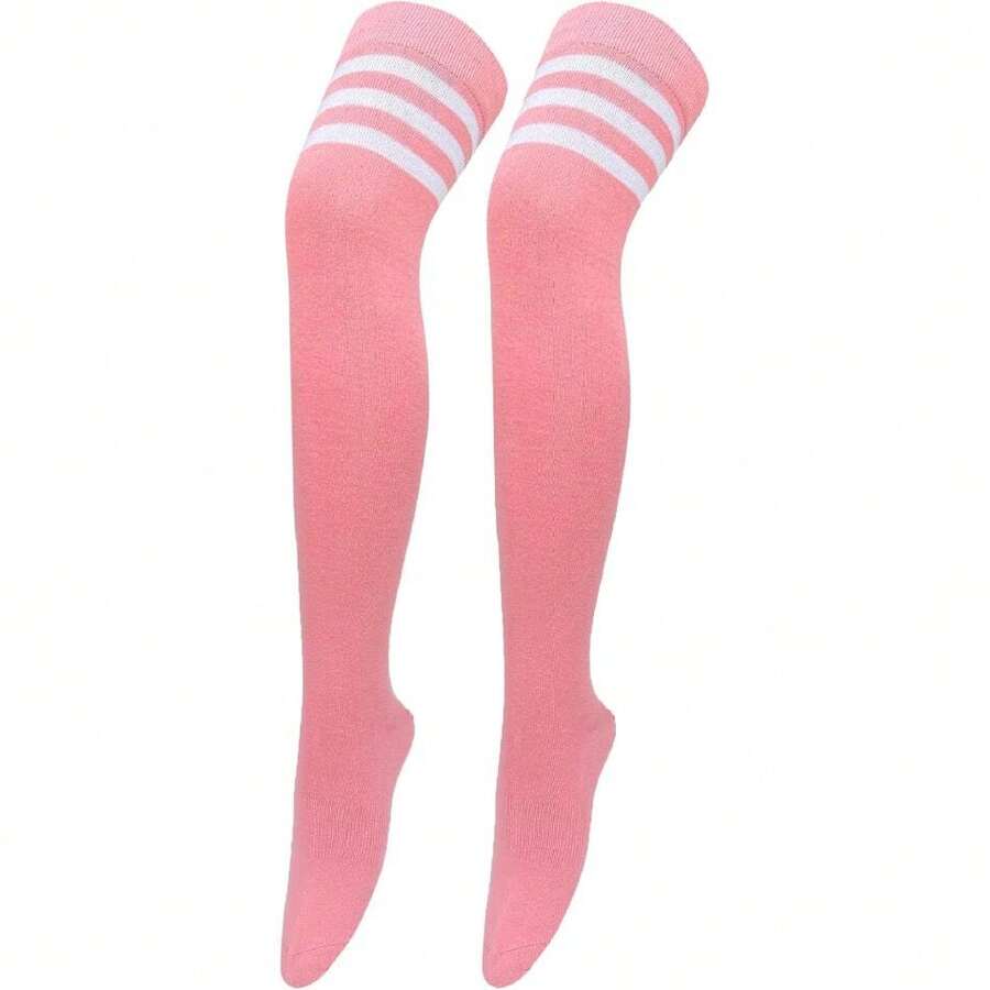 Women Thigh High Socks Cotton Warm Over The Knee High Leg Warmers Long Boot Socks With Stripes,28433037 - 玫紅色 - 查看 1