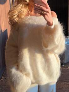 Women's Plush Mohair Blend Sweater  White Dusty Pink Off Shoulder Fall Winter Pullover  Soft Dropped Shoulder Knit Top For Cool Weather And Everyday Coziness - 白色 - 查看 5