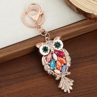 猫头鹰水晶水钻汽车钥匙扣，金属饰品，包包挂饰，钥匙圈，创意跨境礼品，花卉印花波西米亚锌合金首饰，秋季