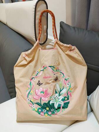 新款多功能日式尼龙刺绣莲花图案女士单肩包，独特设计通勤手提包，大容量，适合休闲穿着
