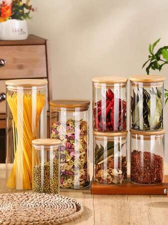 1PC Bamboo Cover Glass Container Jars For Coffee Spices Glass Jar Spice Jars Kitchen Containers Bottle Storage Organization