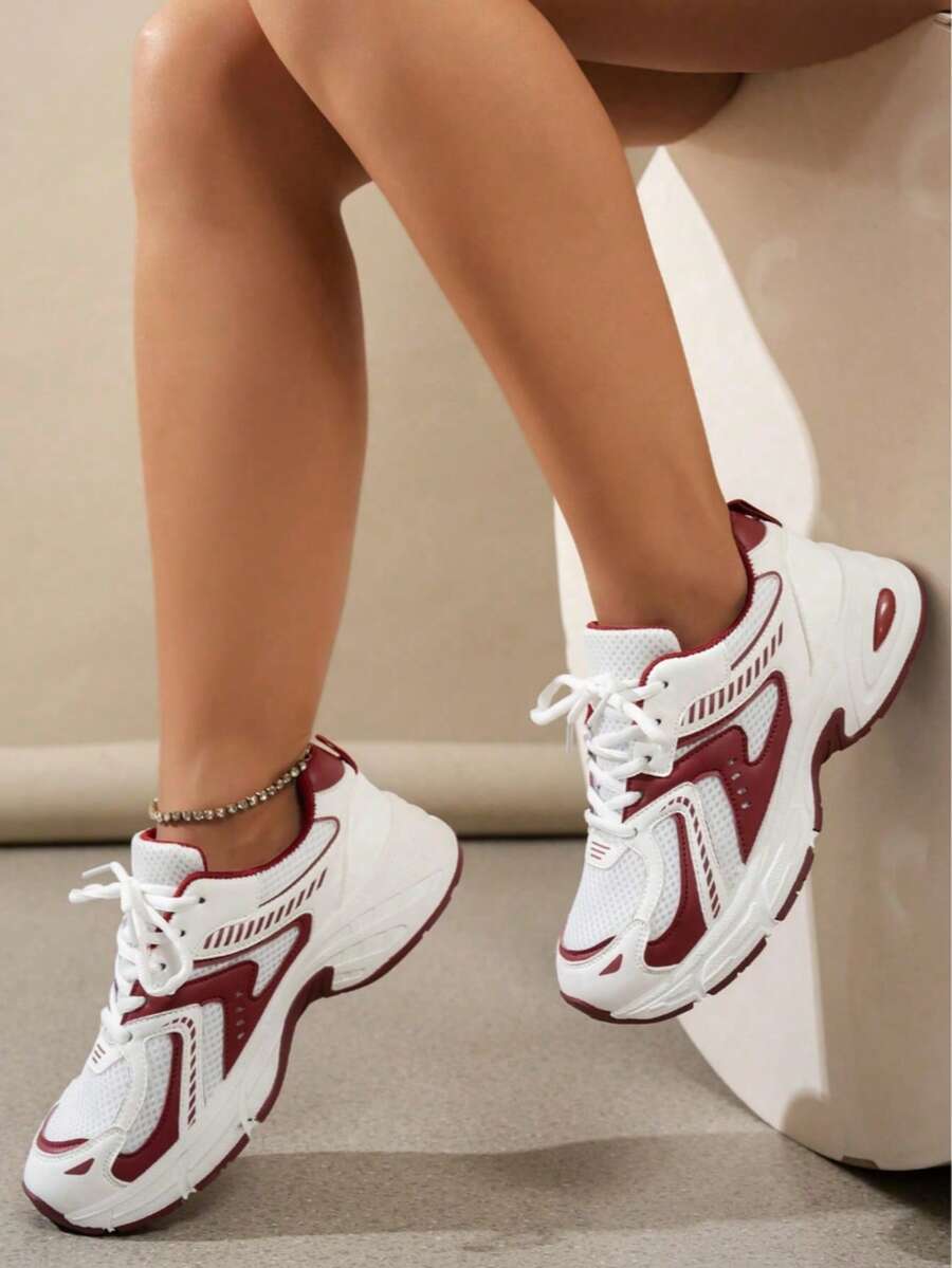 Leather Thick-Sole Wedge Sneakers, 2025 Spring Summer New Mesh Breathable Running Shoes, Women Casual Sport Shoes Music Fest Y2K Fest Back To School Autumn Christmas Christmas Winter Christmas Gifts - 紅色 - 查看 1