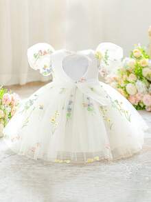 Baby Girls Puff Sleeve Embroidered Tulle Cute Birthday Party Dress, Suitable For Flower Girl, Wedding, Fabric & Floral Pattern Randomly Cut, Headband Not Included - White - View 4
