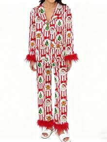 Women Feather Trim Silk Satin Pajama Set Christmas Button Down Shirts And Pants Outfit Sleepwear Loungewear - 紅色 - 查看 1