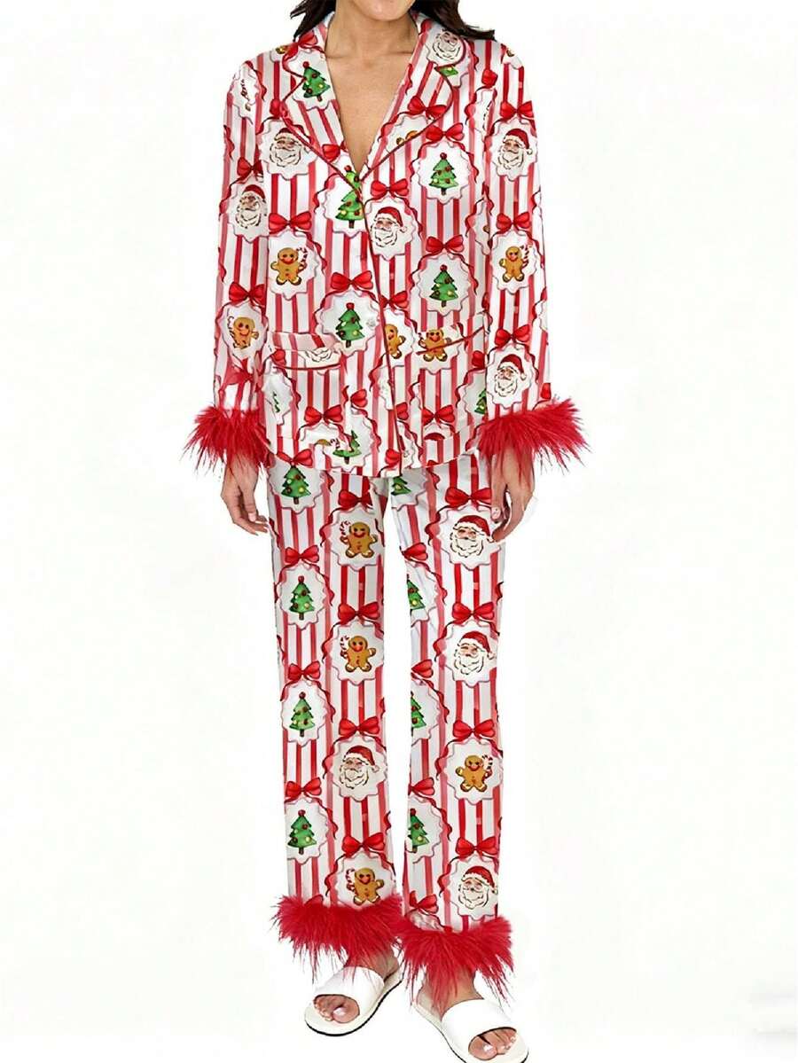 Women Feather Trim Silk Satin Pajama Set Christmas Button Down Shirts And Pants Outfit Sleepwear Loungewear - 紅色 - 查看 1
