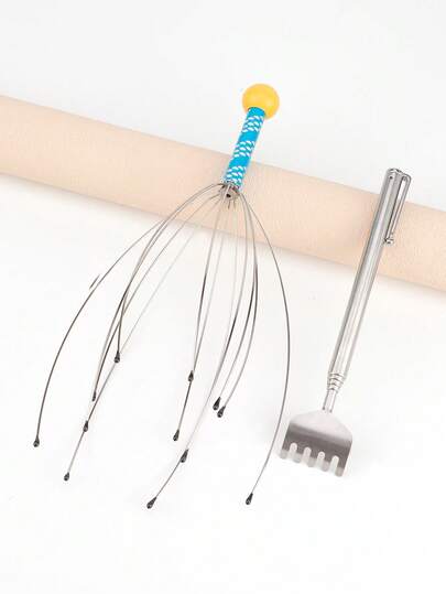 1/2pcs Retractable Back Massager, Adjustable Handle, Portable Stainless Steel Hand Massage Tool, Handheld Therapy Head Massager, Wire Head Massager With Wooden Handle, Suitable For Home SPA Soothing And Relaxation