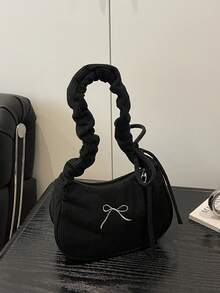 1pc New Fashion Simple Shoulder Handbag, Nylon Bag With Embroidery, Versatile Shoulder Butterfly Bag, High-End Ins Niche Cute Pleated Cloud Shoulder Bag, College Style Large Capacity Retro Tote Bag - Bow Handbag - View 10