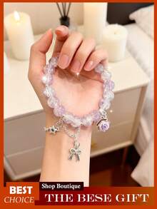 Crystal Beaded Bracelet For Women, Glass & Synthetic Crystal Bracelet, Elegant Adjustable Stretch Bracelet With  Flower Beads, Dainty Bohemian Beaded Jewelry Gift - 紫色 - 查看 3