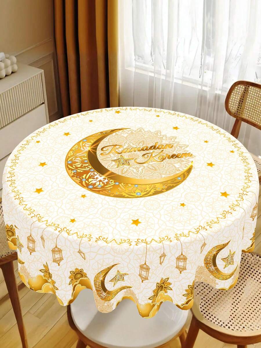 1pc, Ramadan Kareem Polyester Tablecloth, Round-150cm White Golden Moon Star & Eid Lantern Design Tablecover, Eid Celebrations, Eid Al-Fitr & Eid Al-Adha Holiday Table Decor, Family Gathering, Festive Kitchen, Home & Kitchen Decor, Ramadan Mubarak 2026 Party Supplies - Multicolor - View 1