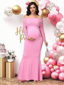 JustVH 孕妇褶皱网纱露肩连衣裙，优雅修身鱼尾裙摆派对礼服，适合迎婴派对和拍照，粉色系春季款 - 粉色 - 查看 8