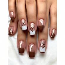 Shiny 24Pcs Press On Nails - Medium Square Brown French Ombre With Heart Stamped Design | Dancing & Daily Versatile - Nhiều màu - Xem 4