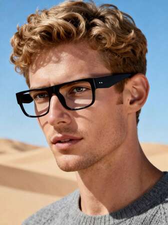 1副男士休闲长方形镜框防蓝光黑色眼镜，轻便旅行平光镜片眼镜，适合日常服装搭配和学生日常使用