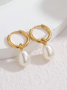 Aretes Colgantes Decorados Con Perlas Falsas - Blanco - Ver 5