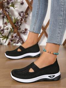 Women Orthopedic Slip-On Sneakers, Arch Support, Light Non-Slip Sole, Cushioned Embroidery, For Nurses Long Standing Errands - Black and White - View 4