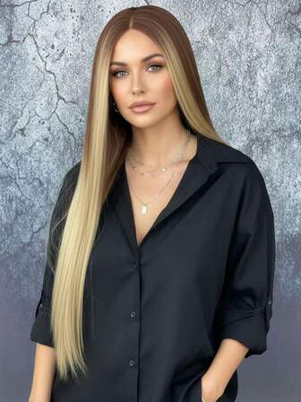 蓬松直发蕾丝假发，13*4*1 T 型合成蕾丝假发，适合所有种族的女性，长款 Yaki 合成假发，柔软自然，宛如真发，棕金色渐变色，26 英寸。