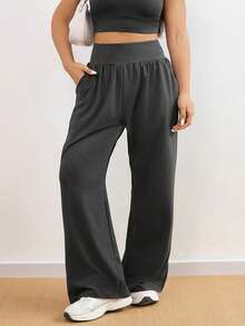 1件装加大码女士宽松阔腿瑜伽裤，纯色百搭，适合日常休闲穿着、室内健身瑜伽普拉提、户外跑步骑行，侧边口袋，弹性腰带，宽松柔软，基础款，四季皆宜 - 燧石 - 查看 3