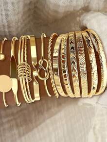 12pcs/Set Fashionable, Elegant, Delicate, Vintage-Inspired Geometric, Knot, Embossed Texture, Heart, Star, Beaded, Twisted Bangle Bracelet Set, Suitable For Holiday, Party, Date, Gift, Daily Wear - Yellow Gold - View 8
