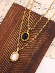 1 件复古椭圆形黑白棕色宝石吊坠项链 18K 镀金不锈钢小巧可爱吊坠项链女士珠宝礼物