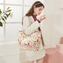 Plant Pattern Striped Corduroy Tote Bag,Corduroy Shoulder Tote Bag For Women,Large Capacity,Lightweight,Portable,Foldable,Perfect For Books, Shopping, Back To School And More, School Supplies, School Bag, School Handbag, School Tote Bag, School Bookbag, Back To School Bags, Large Capacity, Lightweight, Portable, Foldable, Classic Casual - 復古花 - 查看 6