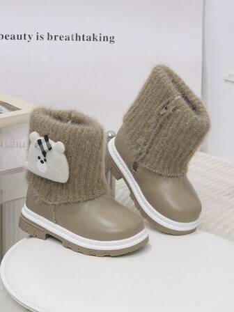 1 Pair Girls/Toddlers Comfortable Lightweight Elastic Knit Cuff Design Side Zipper Pull-On Snow Boots, Suitable For Holidays, Outdoor, Daily Wear, Autumn/Winter
