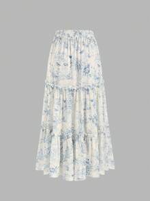 2025 Spring/Summer New French Retro Floral A-Line High Waist Skirt, Korean Style Puff Skirt Vacation - Apricot - View 2
