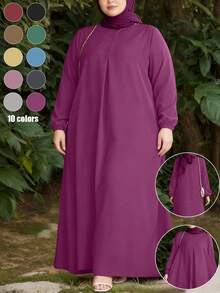 Vestido plus size estilo árabe, manga comprida, gola redonda, barra regular, tecido plano, com detalhe de bolso. - Roxa - Ver 1