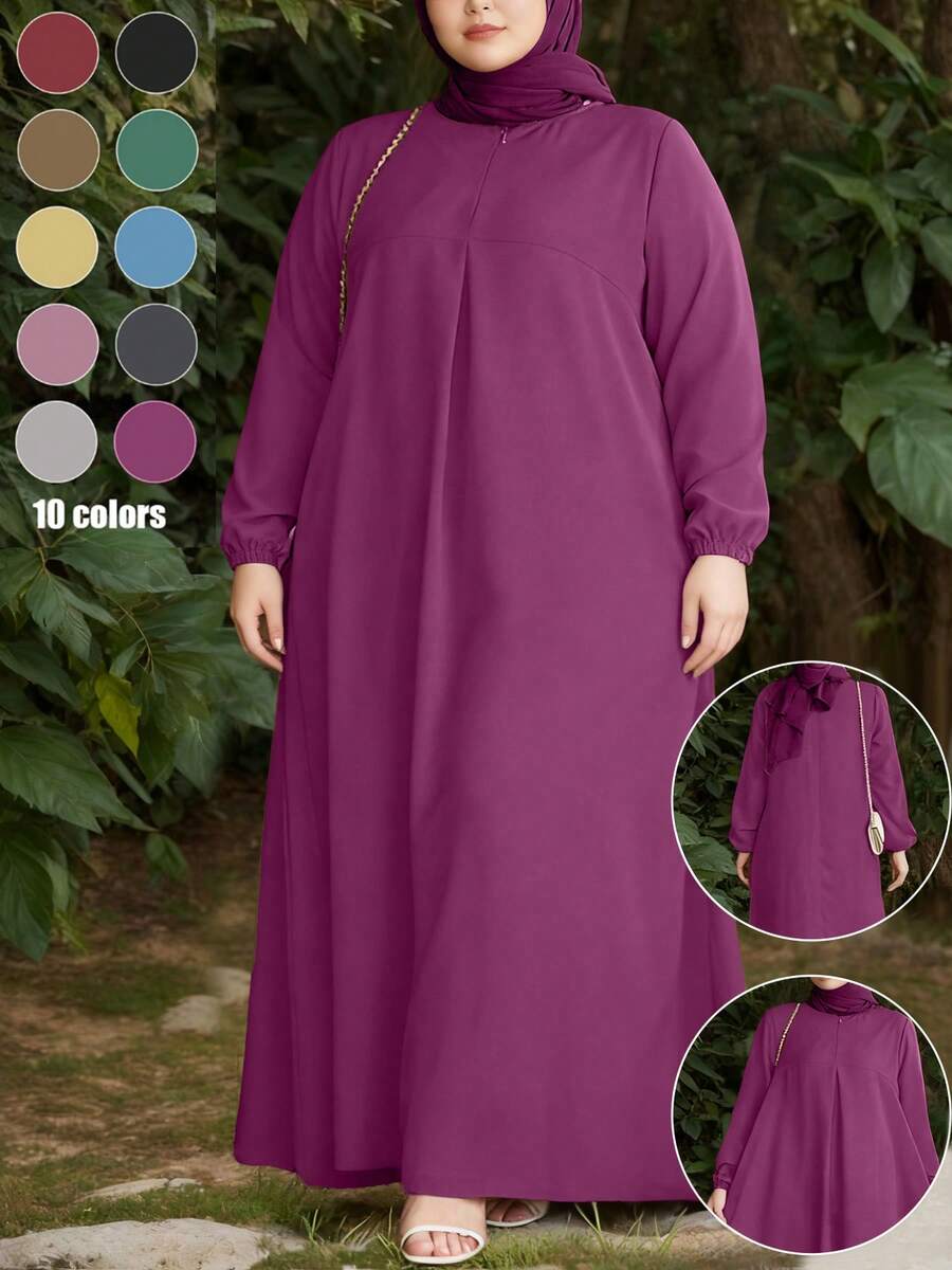 Vestido plus size estilo árabe, manga comprida, gola redonda, barra regular, tecido plano, com detalhe de bolso. - Roxa - Ver 1